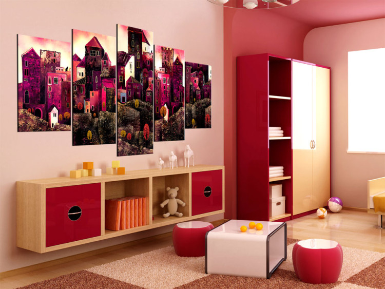 Obraz Architektura snów (5-częściowy) - abstrakcyjne różowe miasto z domami 46962 additionalImage 3