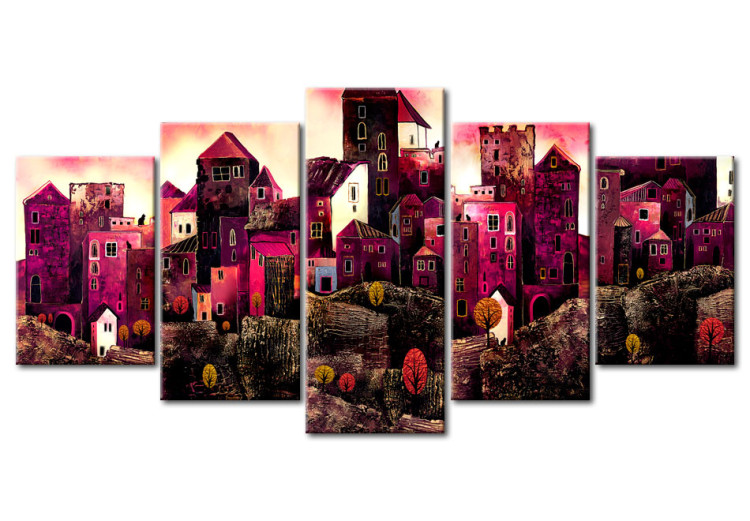 Bild auf Leinwand Architektur der Träume (5-teilig) - Abstrakte rosa Stadt mit Häusern 46962