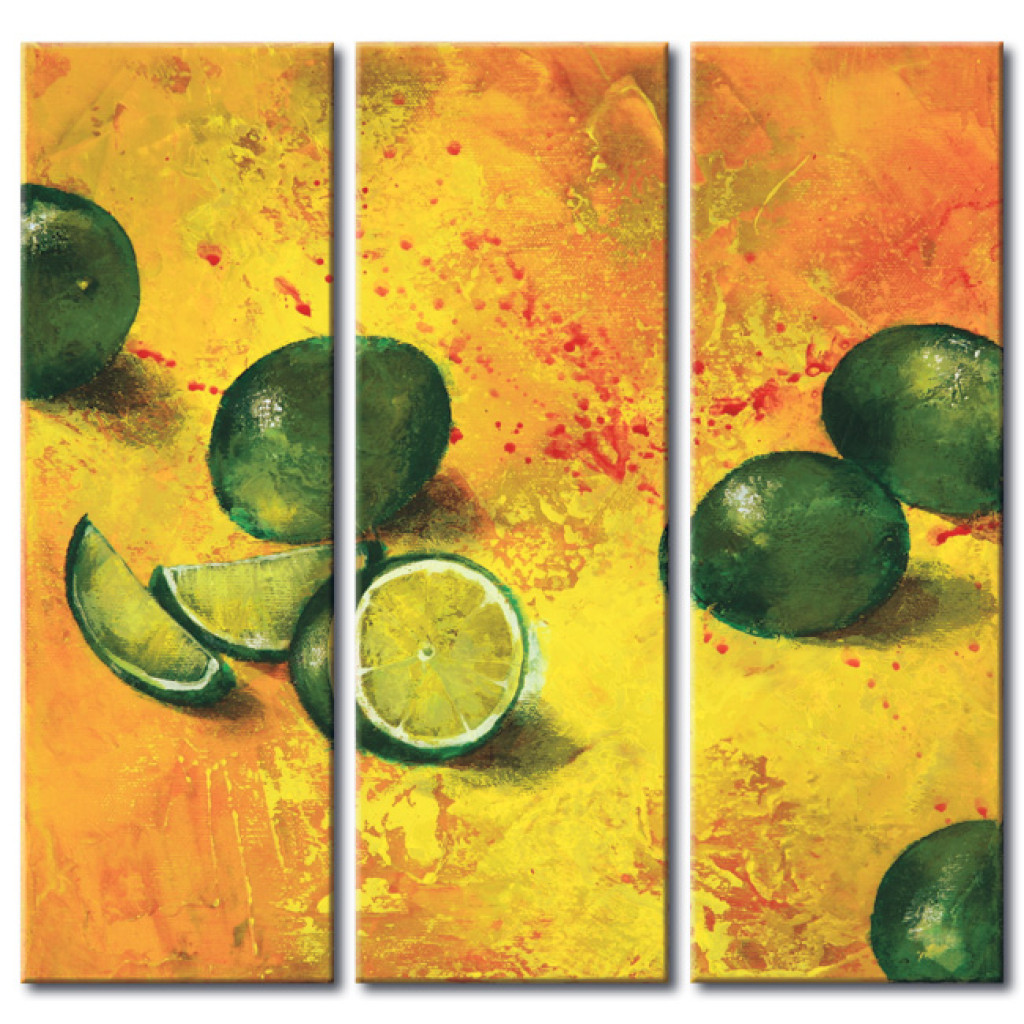Schilderij  Fruit: Stilleven (3-delig) - Compositie Van Limoenen Op Oranje Achtergrond