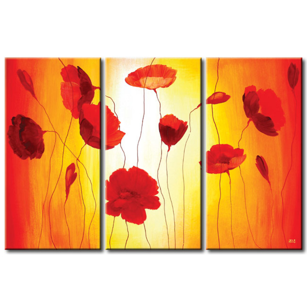 Målning Vallmo I Solsken (3-del) - Blommor I Nyanser Av Orange På Bakgrund Med Solens Strålar