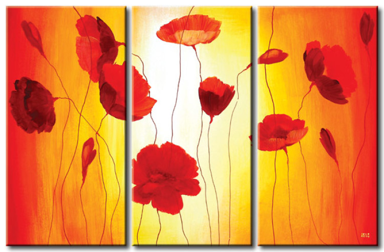 Tableau design Coquelicots au soleil (3 pièces) - Fleurs et fond aux nuances d'orange 48562
