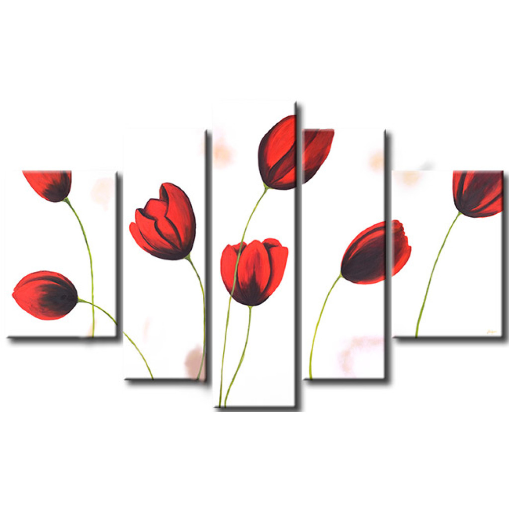 Schilderij  Tulpen: Tulpen (5-delig) - Bloemen Op Een Witte Achtergrond Met Subtiele Kleuren