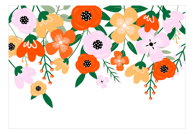 Carta da parati moderna Un buongiorno floreale! - grafica minimalista con colorati fiori di campo, anemoni e foglie verdi su uno sfondo bianco 138272 additionalImage 1