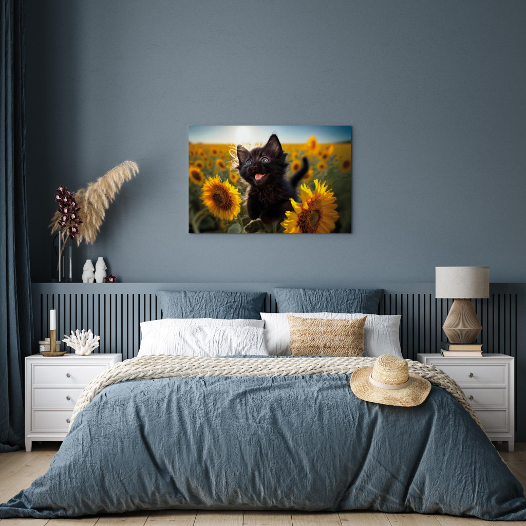 Schilderij  Zonnebloemen: AI Cat - Black Animal Dancing In A Field Of Sunflowers In A Sunny Glow - Horizontal