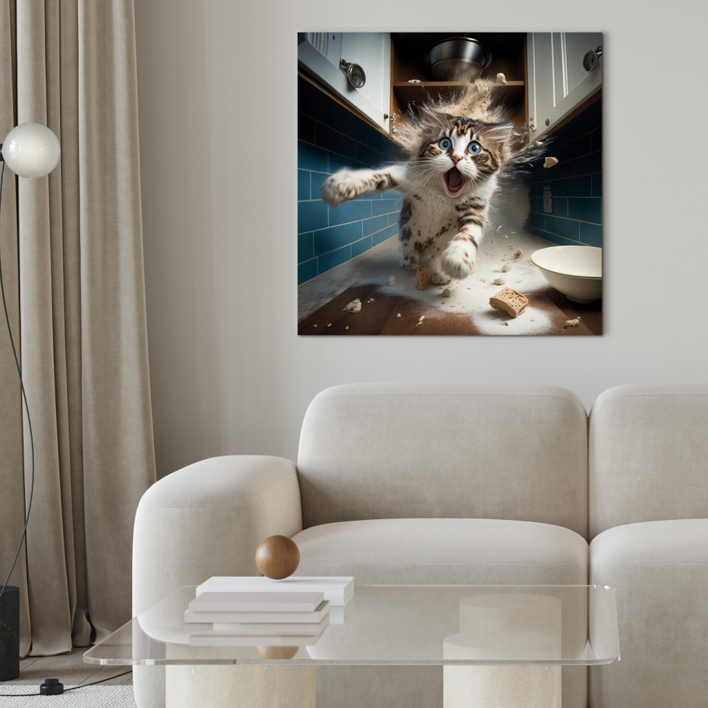 Schilderij  Katten: AI Cat - Animal Escaping From The Kitchen After Breaking Supplies - Square