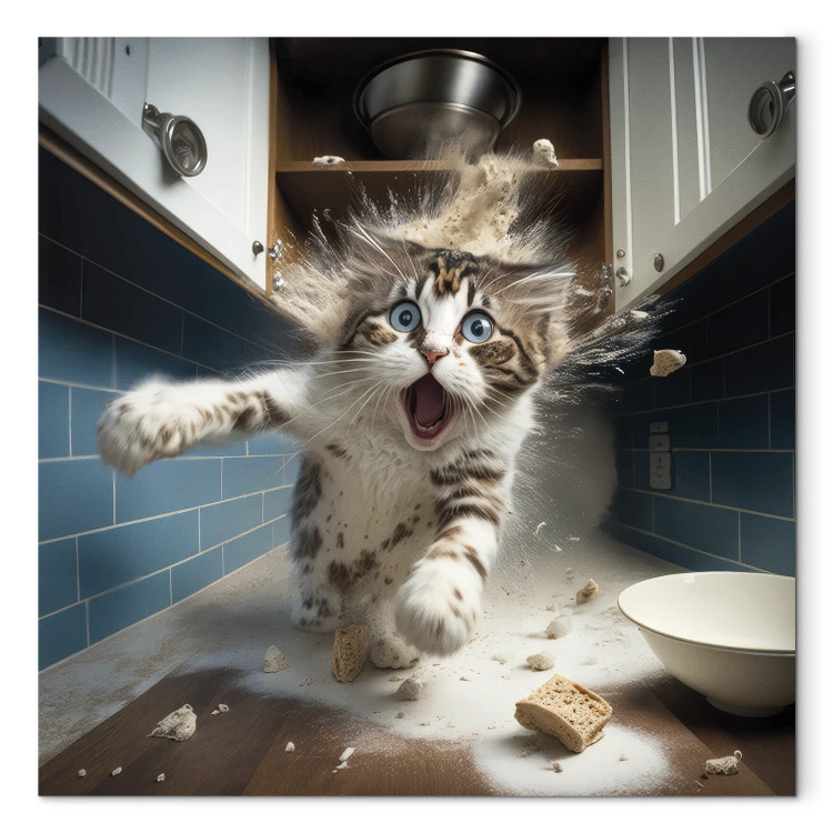 Canvastavla AI Cat - Animal Escaping From the Kitchen After Breaking Supplies - Square