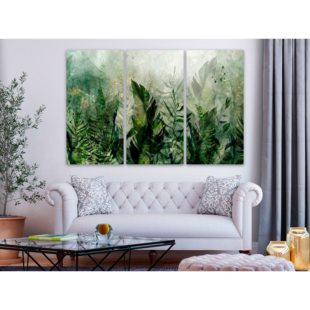Obraz Tropikalne Rośliny - Wielkie Zielone Liście W Mglistej Rosie