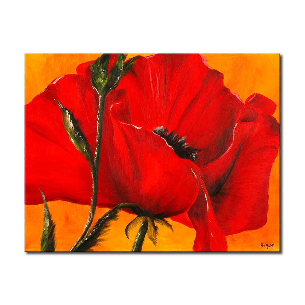 Pintura Papoila (1 Parte) - Natureza Com Uma Flor Vermelha Em Um Fundo Laranja