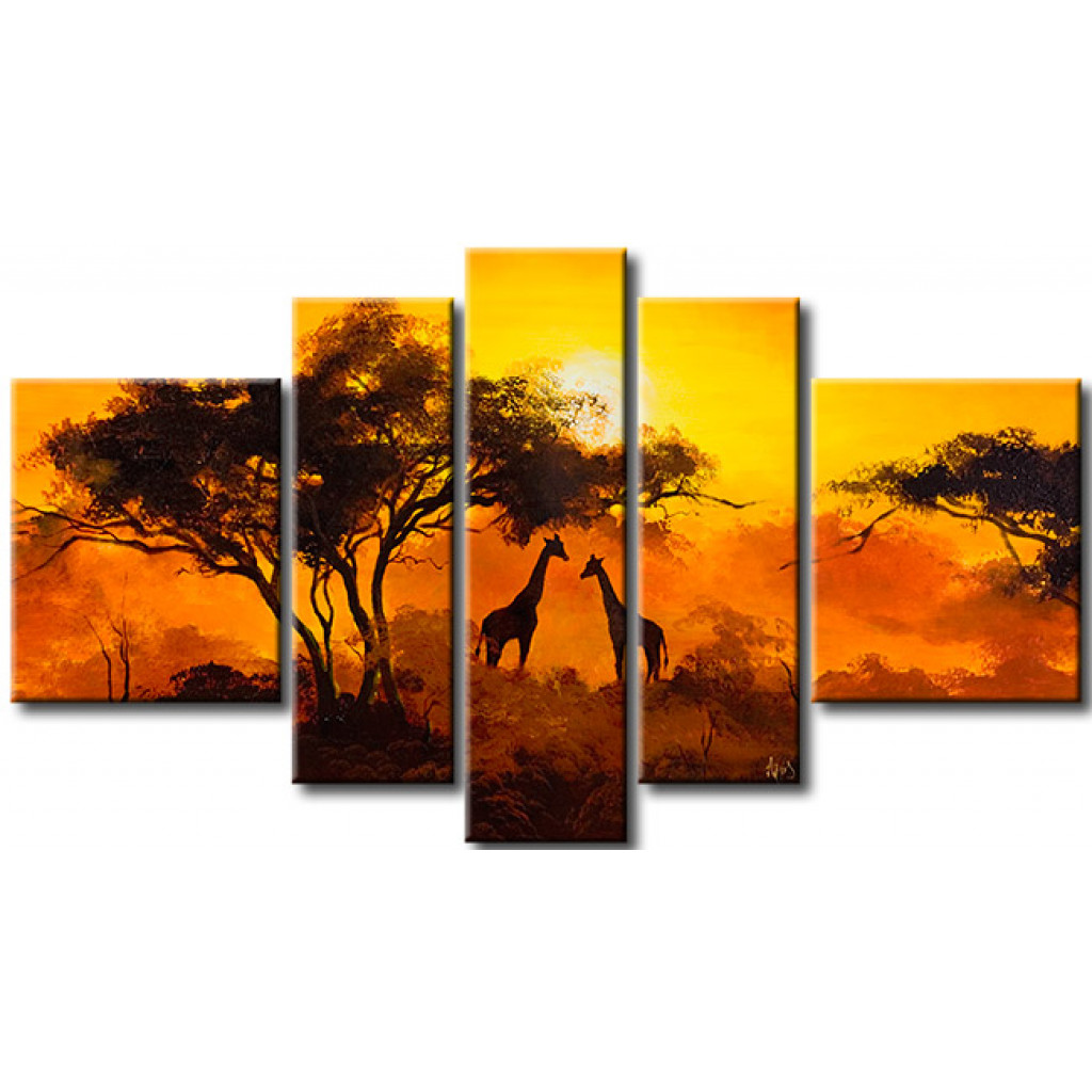 Obraz Romantyczny Zachód Słońca - Dwie żyrafy Na Roślinnym Tle