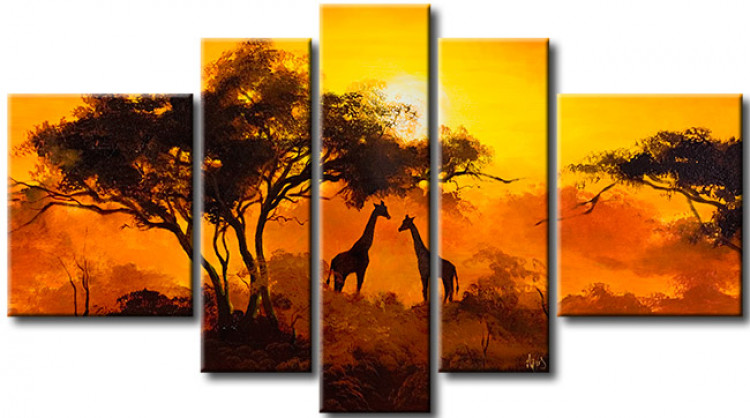 Obraz Romantyczny zachód słońca - dwie żyrafy na roślinnym tle  49472