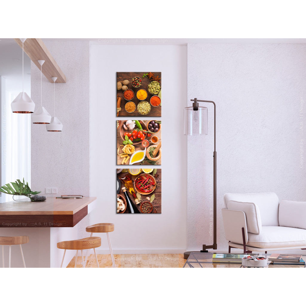 Schilderij  Keuken: Houten Smakenbasis (3-delig) - Eten In Kleurrijke Presentatie