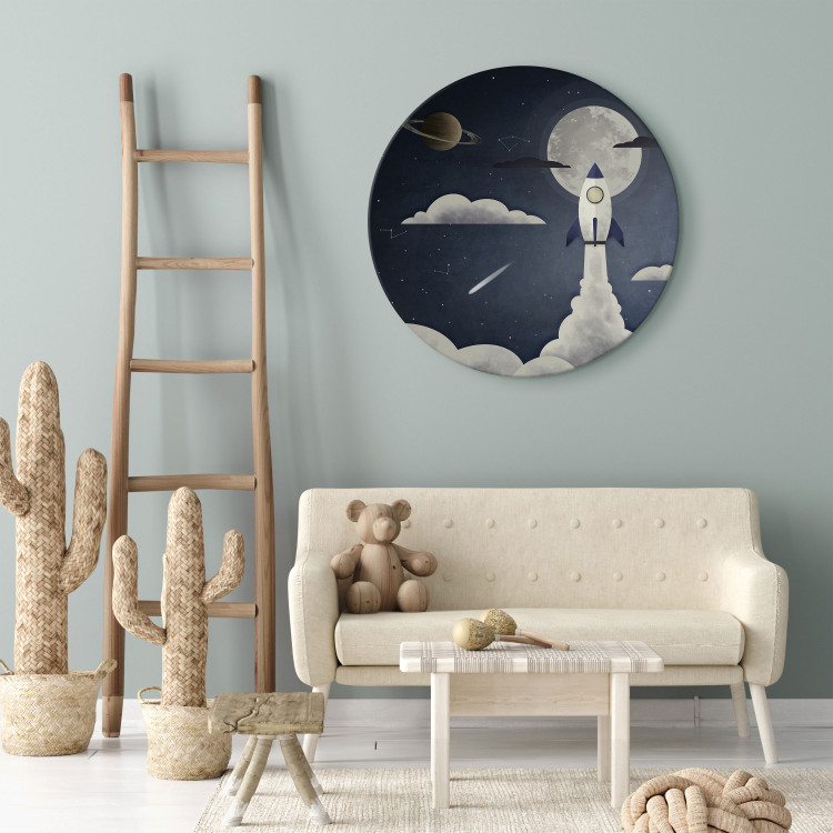 Round Canvas Space Travel - Rocket Against the Backdrop of Stars, Clouds, Planets and the Moon 148682 additionalImage 4