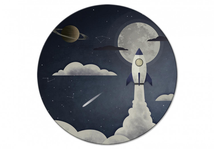 Round Canvas Space Travel - Rocket Against the Backdrop of Stars, Clouds, Planets and the Moon 148682
