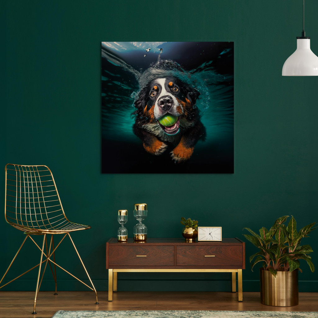 Schilderij  Honden: AI Bernese Mountain Dog - Floating Animal With A Ball In Its Mouth - Square