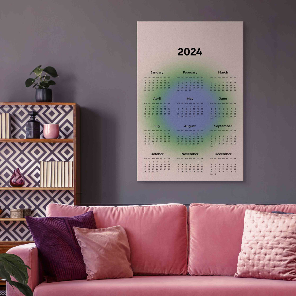 Schilderij  Met Inscripties: Calendar 2024 - Months On The Background Of A Circular Gradient