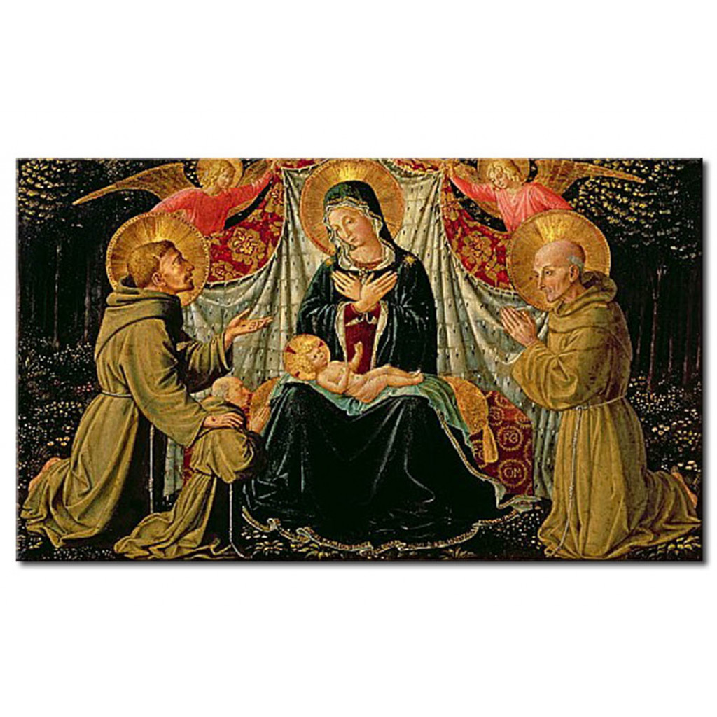 Målning Madonna And Child With St. Francis And The Donor Fra Jacopo Da Montefalco (left) And St. Bernardino Of Siena (right)