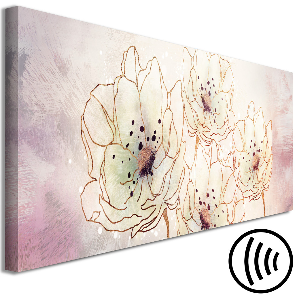 Schilderij  Florale Motieven: Cold Flowers - Vier Witte Bloemen Op Een Paarse Geschaafde Achtergrond