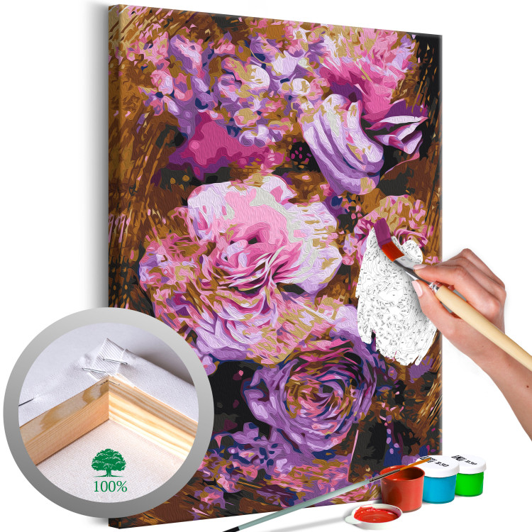 Obraz do malowania po numerach Bukiet vintage - Fioletowe, różowe i pudrowe kwiaty na brązowym tle 146192