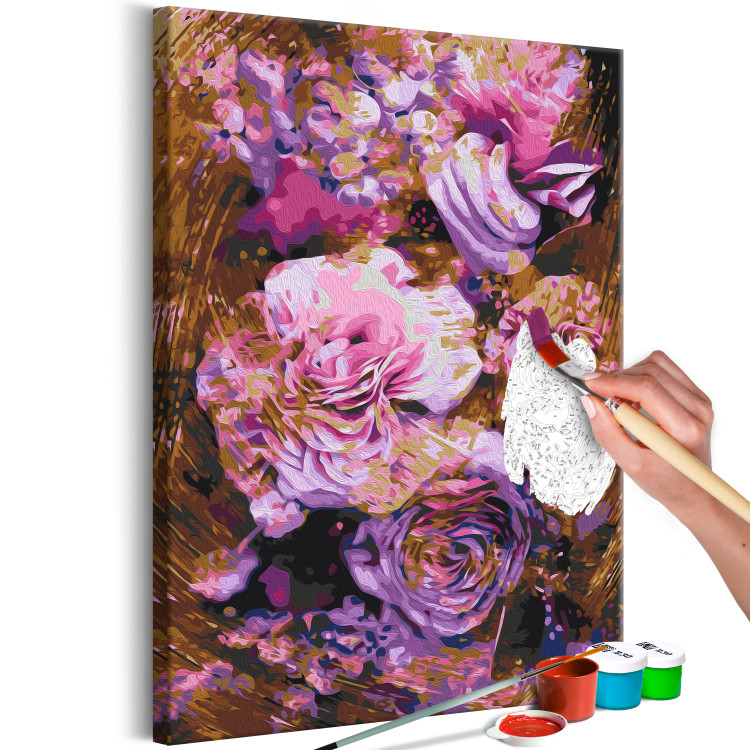 Obraz do malowania po numerach Bukiet vintage - Fioletowe, różowe i pudrowe kwiaty na brązowym tle 146192 additionalImage 7