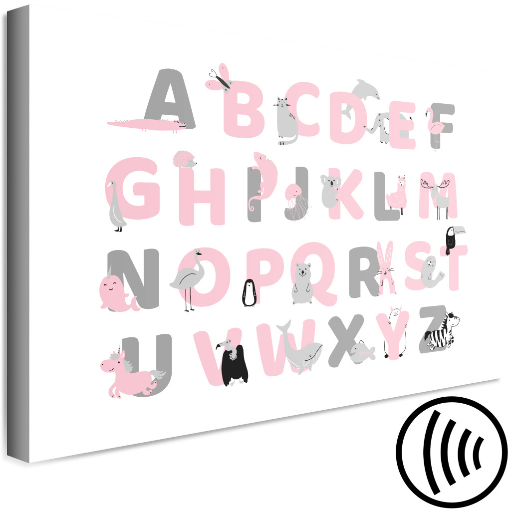 Schilderij  Voor Kinderen: English Alphabet For Children - Pink And Gray Letters With Animals