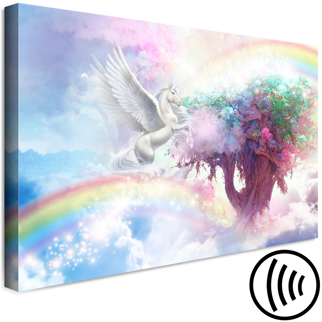Schilderij  Voor Kinderen: Unicorn And Magic Tree - Fairy-Tale And Rainbow Land In The Clouds