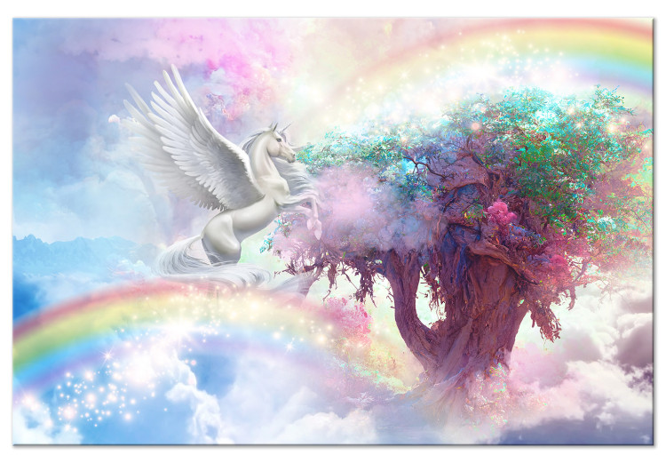 Canvastavla Unicorn and Magic Tree - Fairy-Tale and Rainbow Land in the Clouds