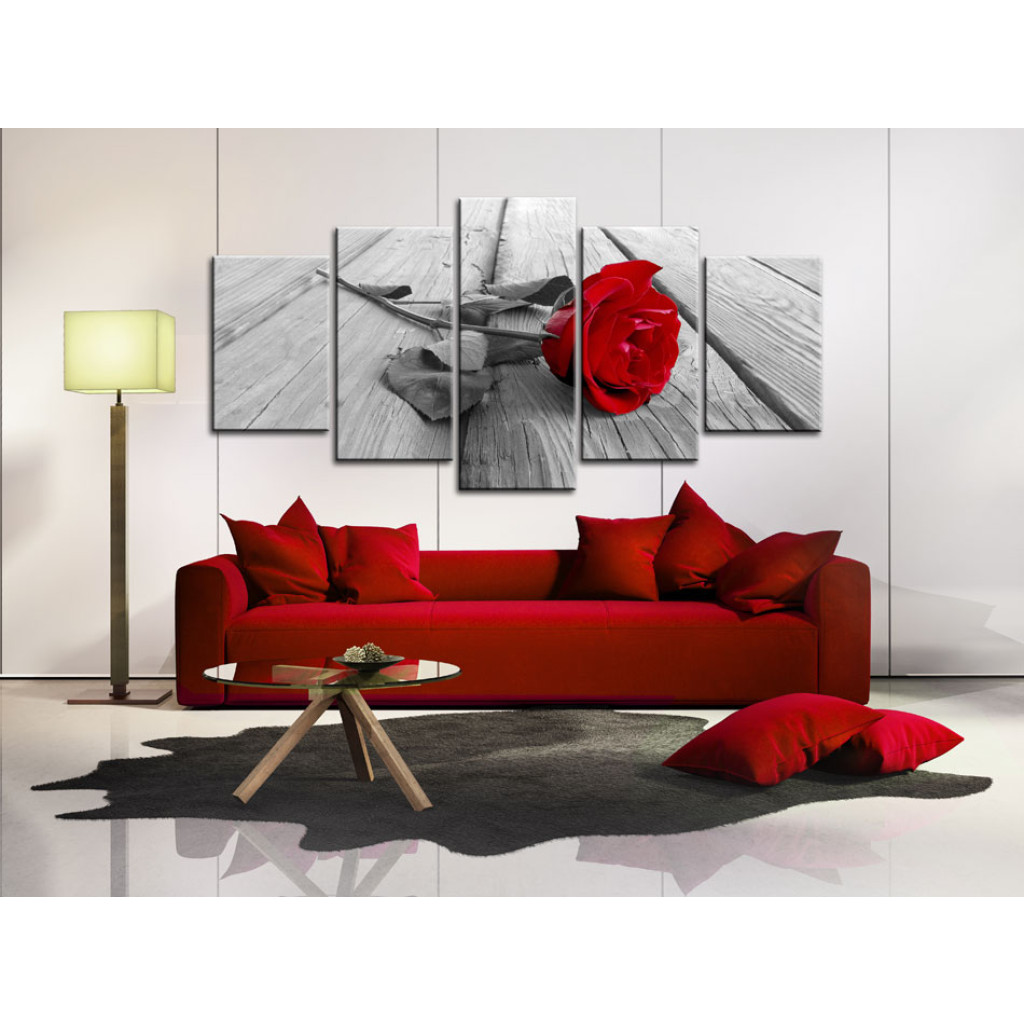 Obraz Róża Na Drewnie (5-częściowy) Szeroki Czerwony