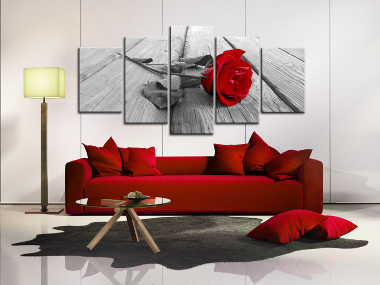 Wandbild Rose on Wood (5 Parts) Wide Red - Rosen - Blumen - Wandbilder