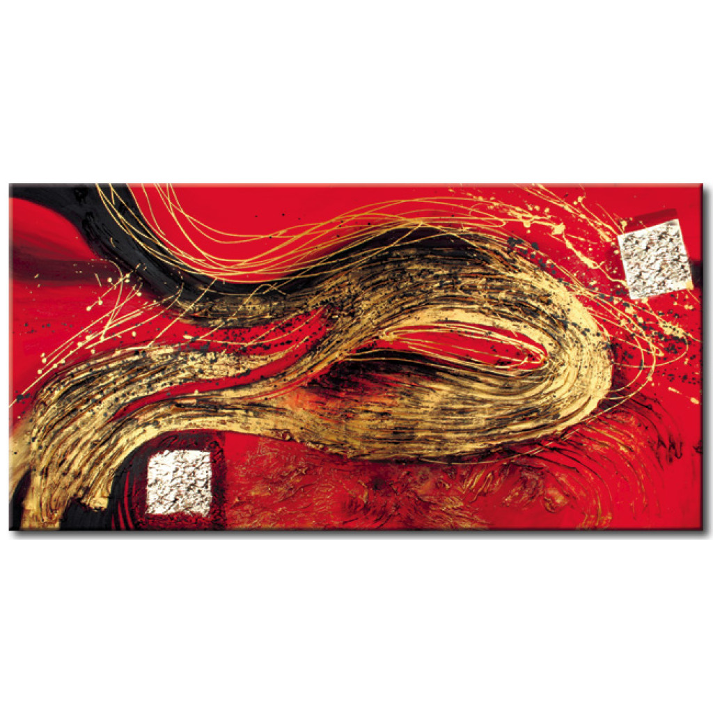 Schilderij  Abstract: Abstractie (1-delig) - Gouden Fantasie Met Golven Op Een Rode Achtergrond