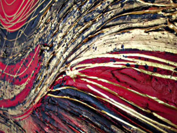 Tableau sur toile Abstraction (1 pièce) - fantaisie dorée avec des vagues sur fond rouge 47992 additionalImage 3
