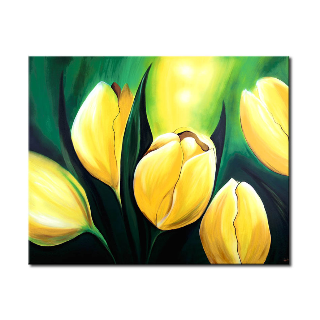 Schilderij  Tulpen: Zonnige Tulpen - Een Bloemmotief Vol Grote, Gele Bloemen