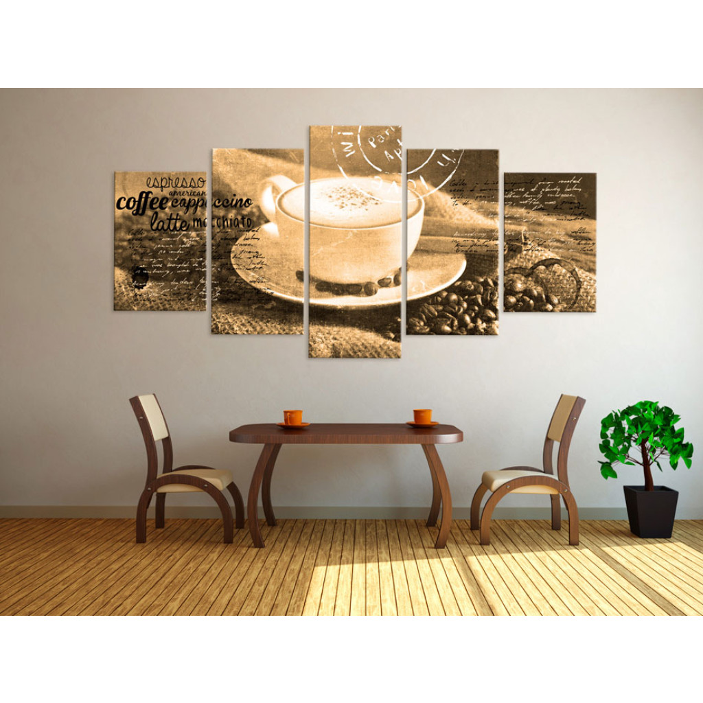 Schilderij  Keuken: Coffe, Espresso, Cappuccino, Latte Machiato ... - Sepia