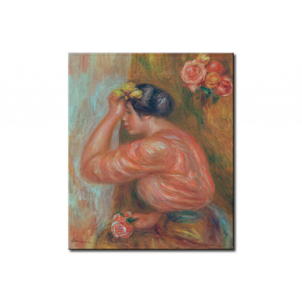 Schilderij  Pierre-Auguste Renoir: Girl With Roses In Front Of The Mirror