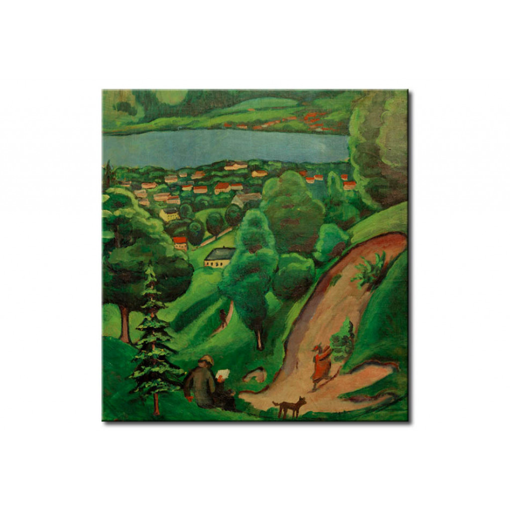 Schilderij  August Macke: Landschaft Am Tegernsee Mit Lesendem Mann Und Hund