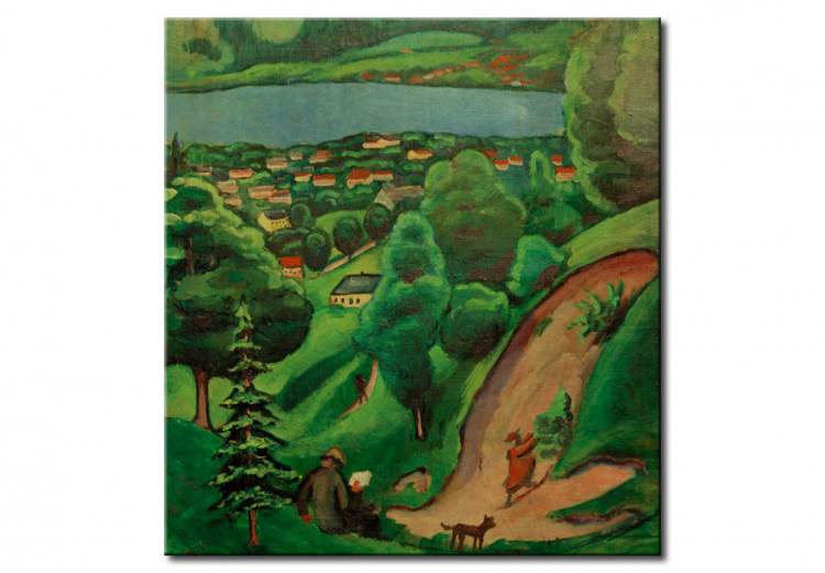 Reprodukcja obrazu Landschaft am Tegernsee mit lesendem Mann und Hund 55092