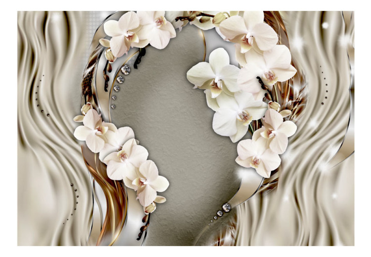 Carta da parati moderna Astrazione - Orchidee su sfondo beige con perle 60792 additionalImage 1