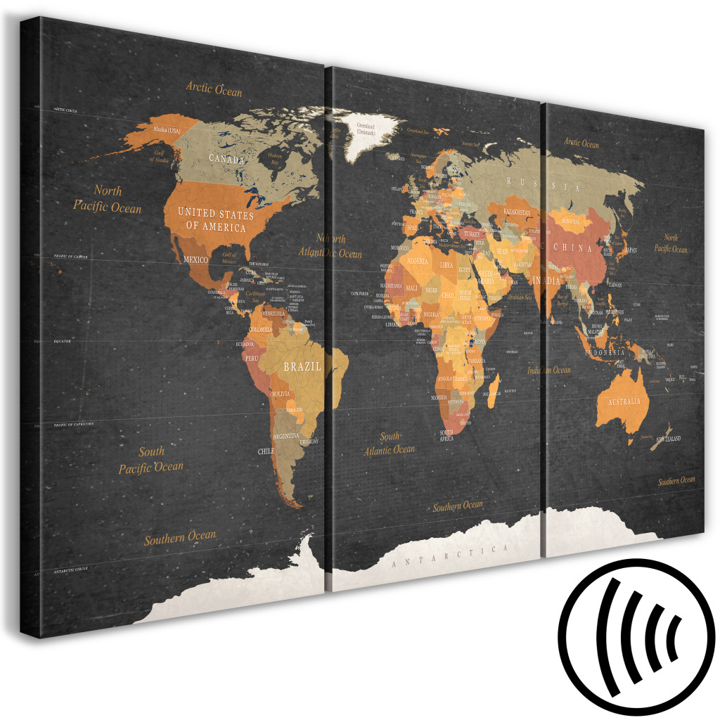Schilderij  Kaarten Van De Wereld: World Map: Secrets Of The Earth (3 Parts)