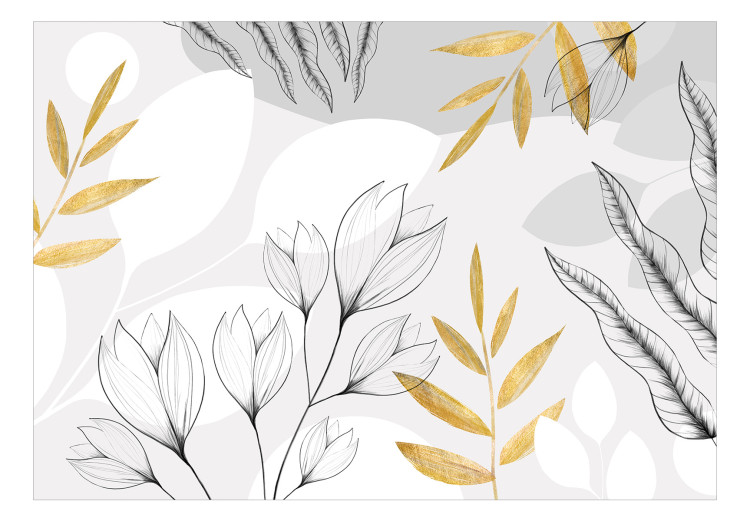 Fototapeta Wiosenna abstrakcja – liście i kwiaty z elementami w kolorze złotym 138803 additionalImage 1