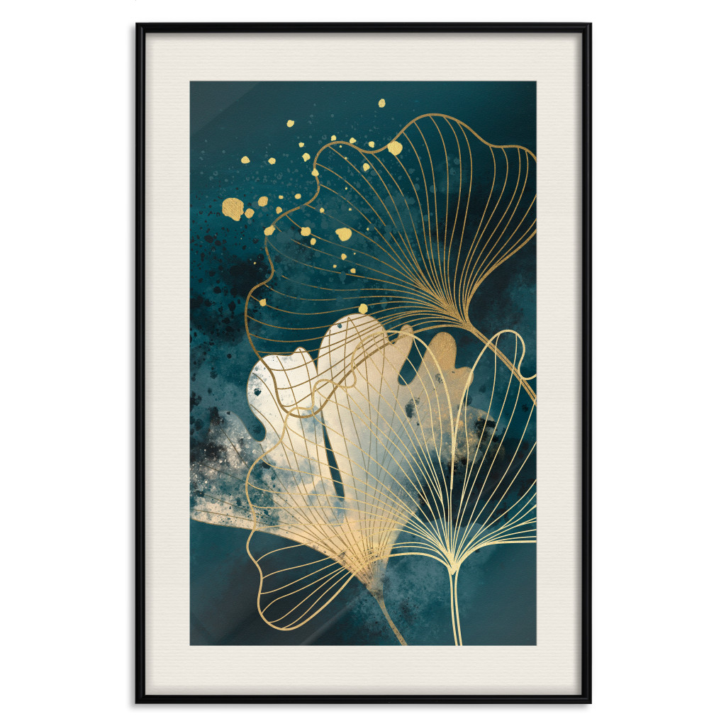 Poster Decorativo Nature In Abstraction - Golden Ginkgo Leaves And Turquoise Watercolors