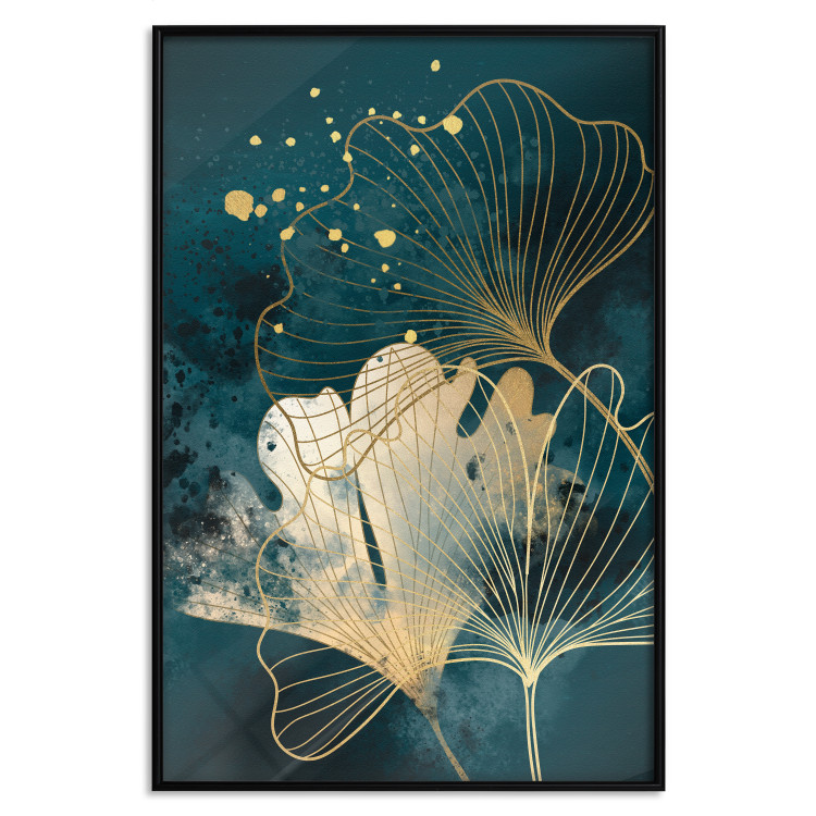 Plakat Natura w abstrakcji - złote liście miłorzębu i turkusowe akwarele