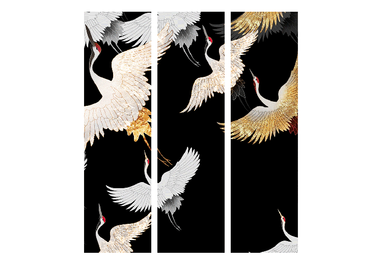 Parawan pokojowy Żurawie nocą - biało-złote ptaki odlatujące na czarnym tle 146003 additionalImage 3