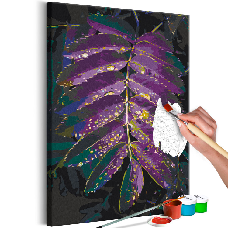 Obraz do malowania po numerach Roślinność dżungli - duży fioletowy liść z kroplami deszczu 146203 additionalImage 6