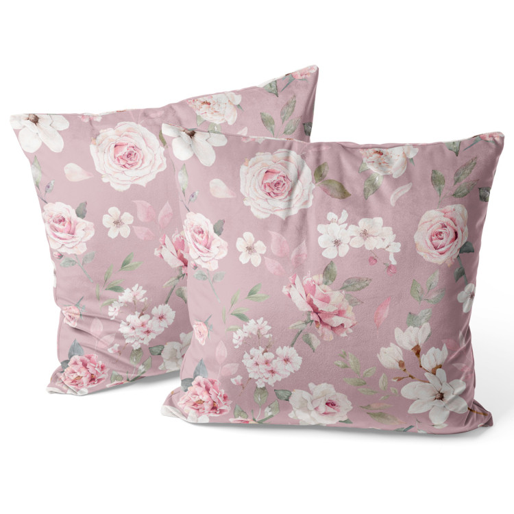 Sammets kudda Spring charm - vintage-style rose and magnolia on dark pink background 147103 additionalImage 3
