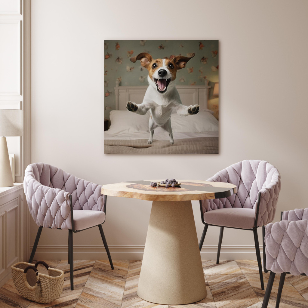 Schilderij  Honden: AI Dog Jack Russell Terrier - Joyful Animal Jumping From Bed Into Owner’s Arms - Square