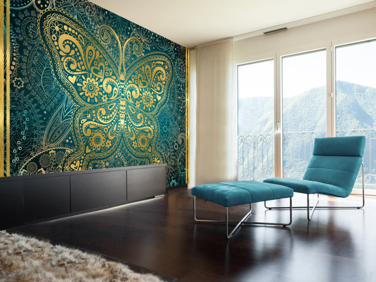 Wall Mural Oriental Design - Golden Butterfly Ornament on a Turquoise Background 60103