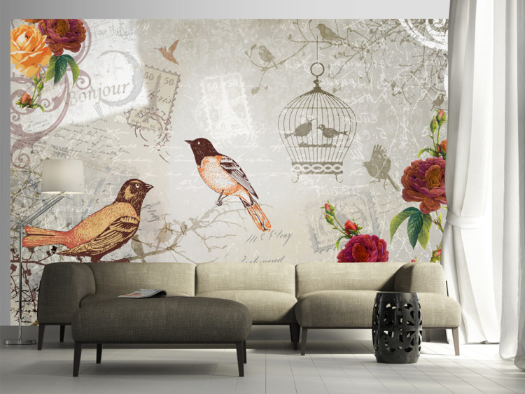Wall Mural Birdsong - Composition in a retro style with birds, flowers, and captions 61103