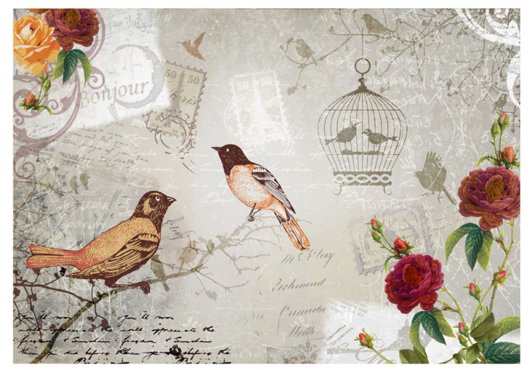 Carta da parati Canto degli uccelli - composizione retrò con uccelli, fiori e scritte 61103 additionalImage 1