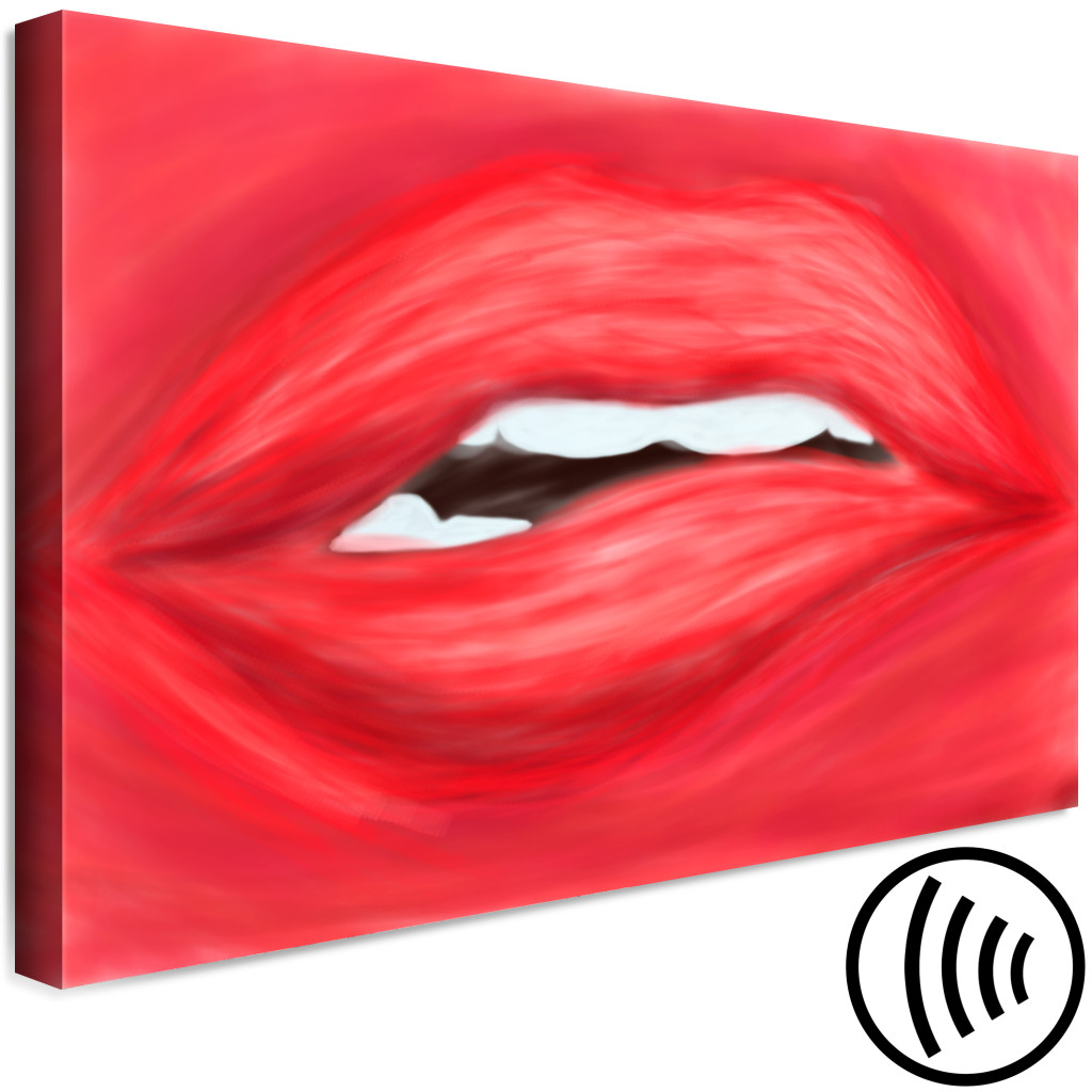Schilderij  Vrouwen: Vrouwelijke Lippen - Gescheiden Lippen Op Een Felrode Achtergrond