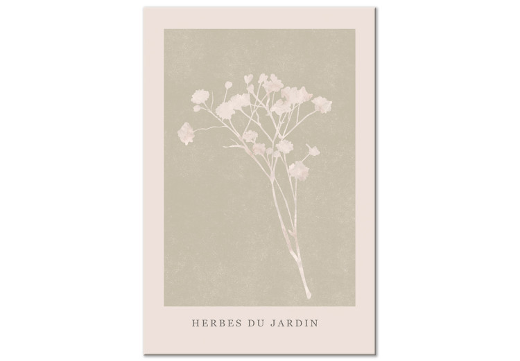 Quadro su tela Erbe in giardino - un ramo luminoso su sfondo beige e scritta francese