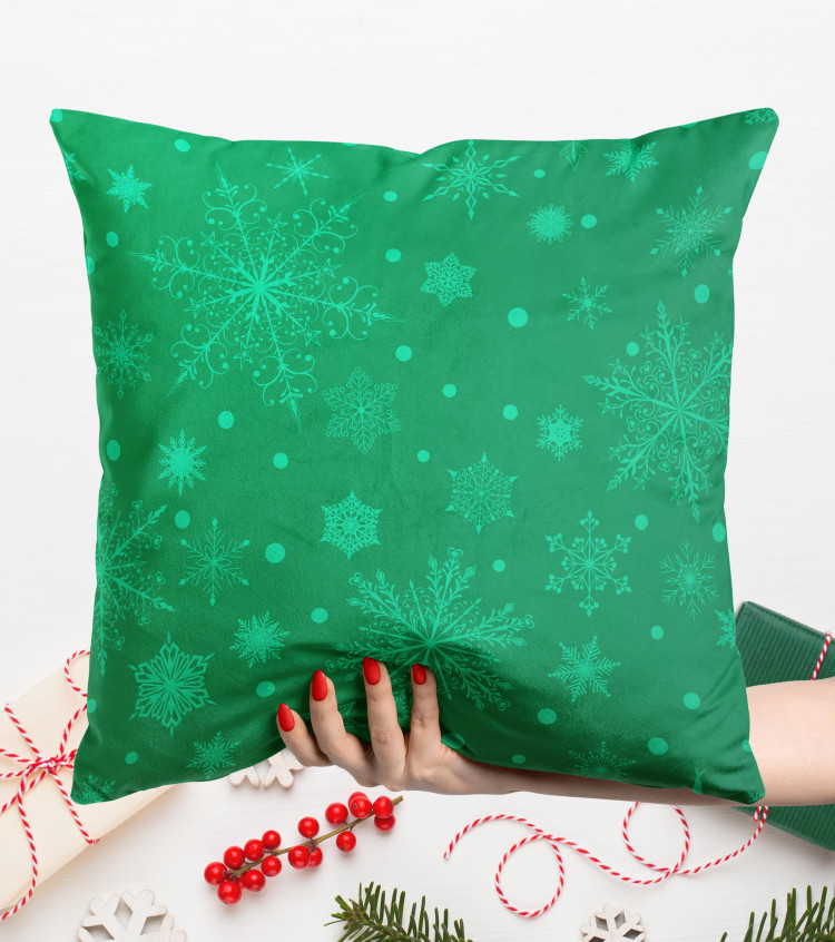 Decorative Velor Pillow Dancing snowflakes - festive motif on a green background 148513 additionalImage 5